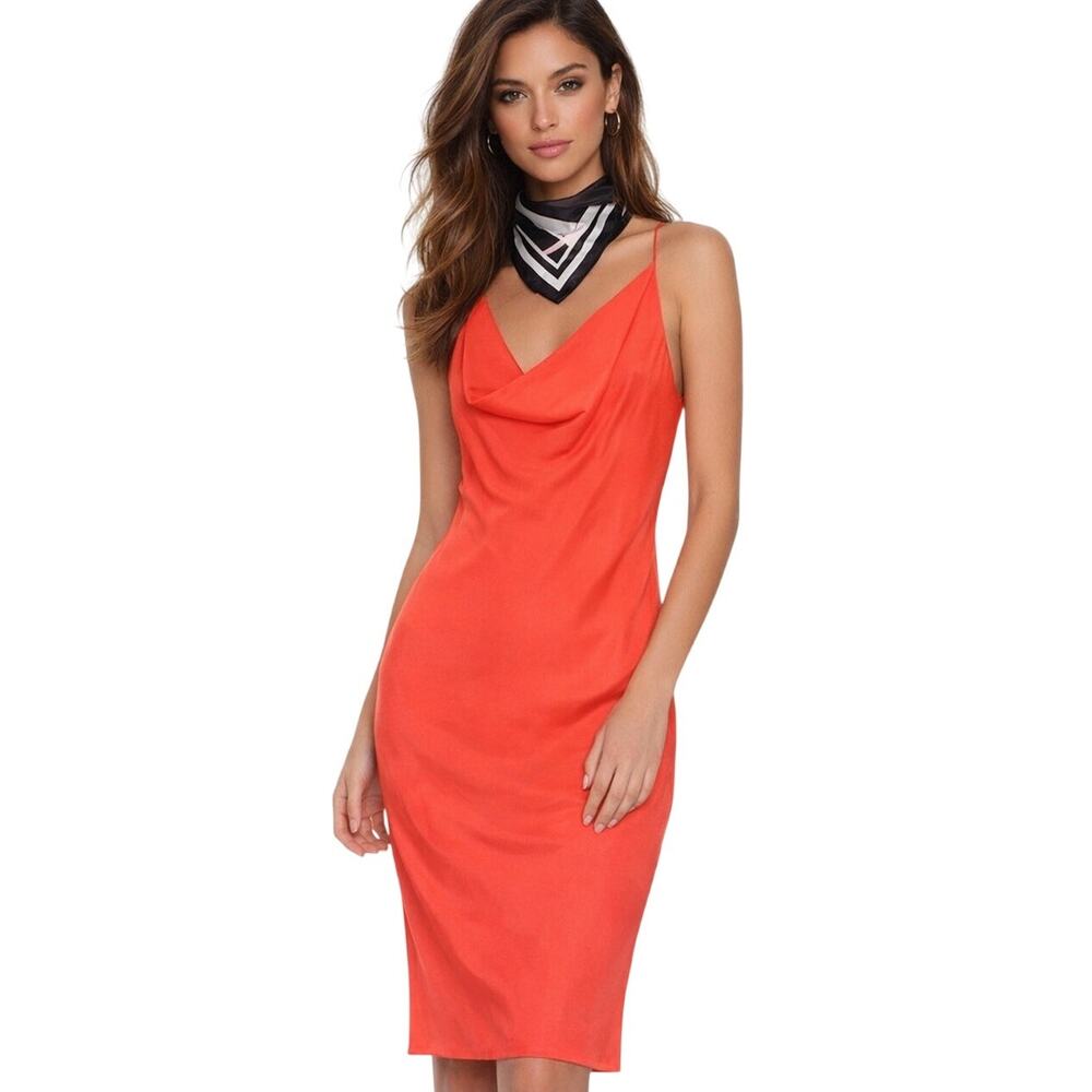 C/MEO Collective Morange Hold Tight Slip Dress Size L Drape V-Neck Feminine NWT
